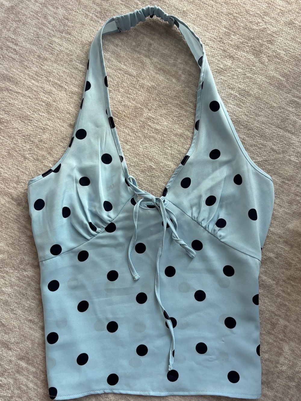 Light Blue Halter Polka Dot Tie-Front Top